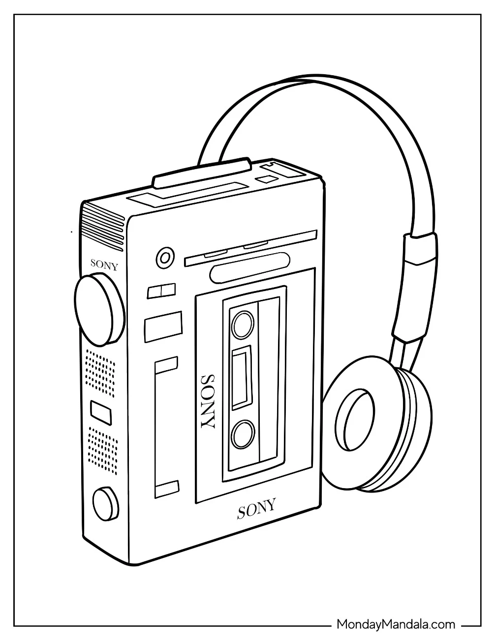 Simple 80s Coloring Page Of Sony Walkman With Headphones coloring page