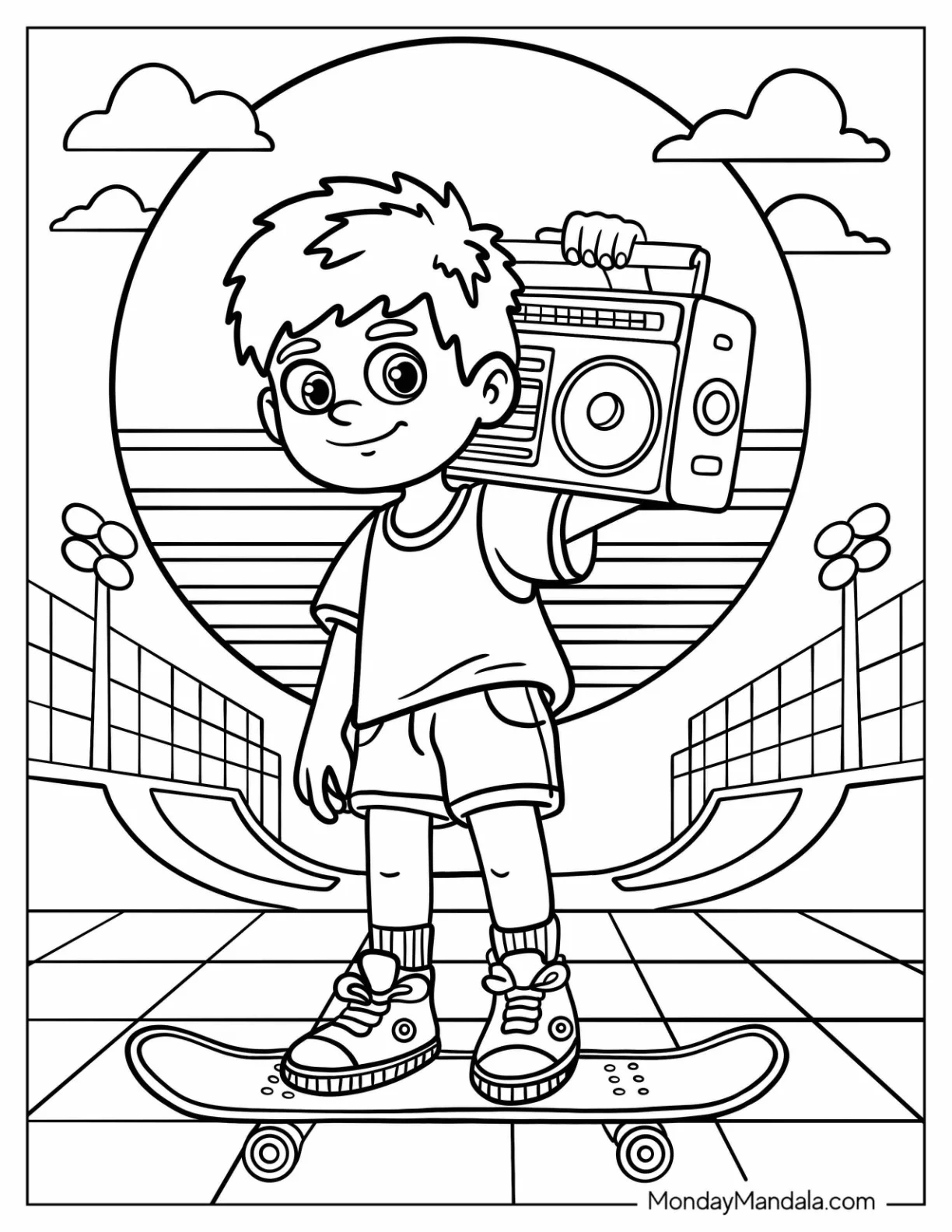 Skater Boy with Boombox at the Park 80’s Coloring Page for Kids coloring page