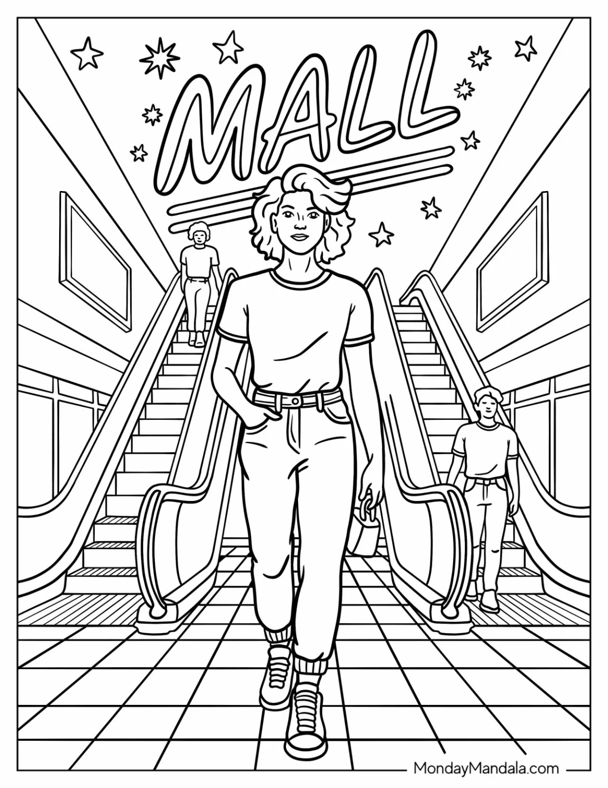Stylish Teen Girl Strutting Down Mall Hallway with Escalators Behind Her 80’s Coloring Page coloring page