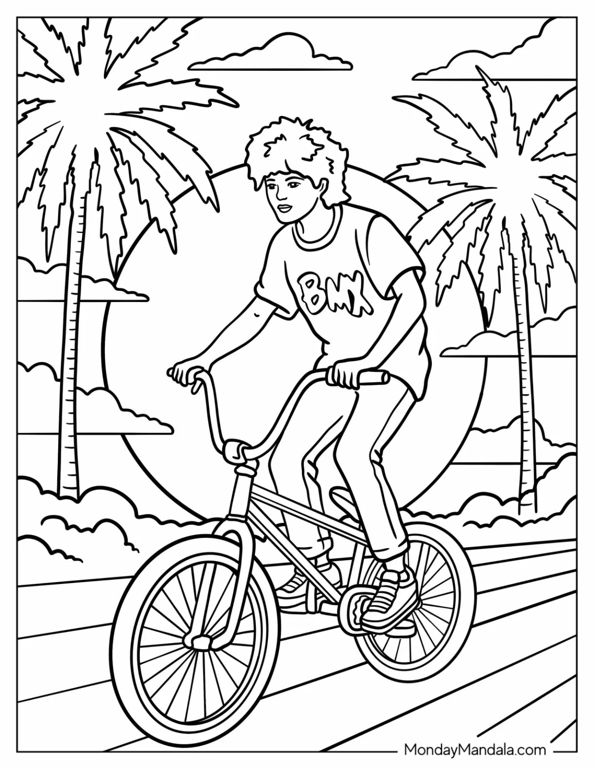 Teen on Bicycle by the Beach 80's Coloring Page coloring page
