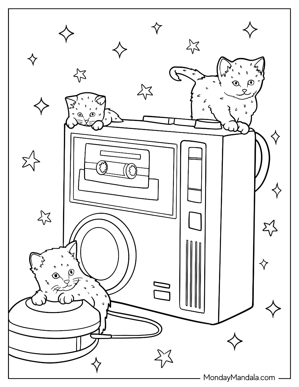 Tiny Kittens Playing On An 80s Coloring Page Of Walkman coloring page