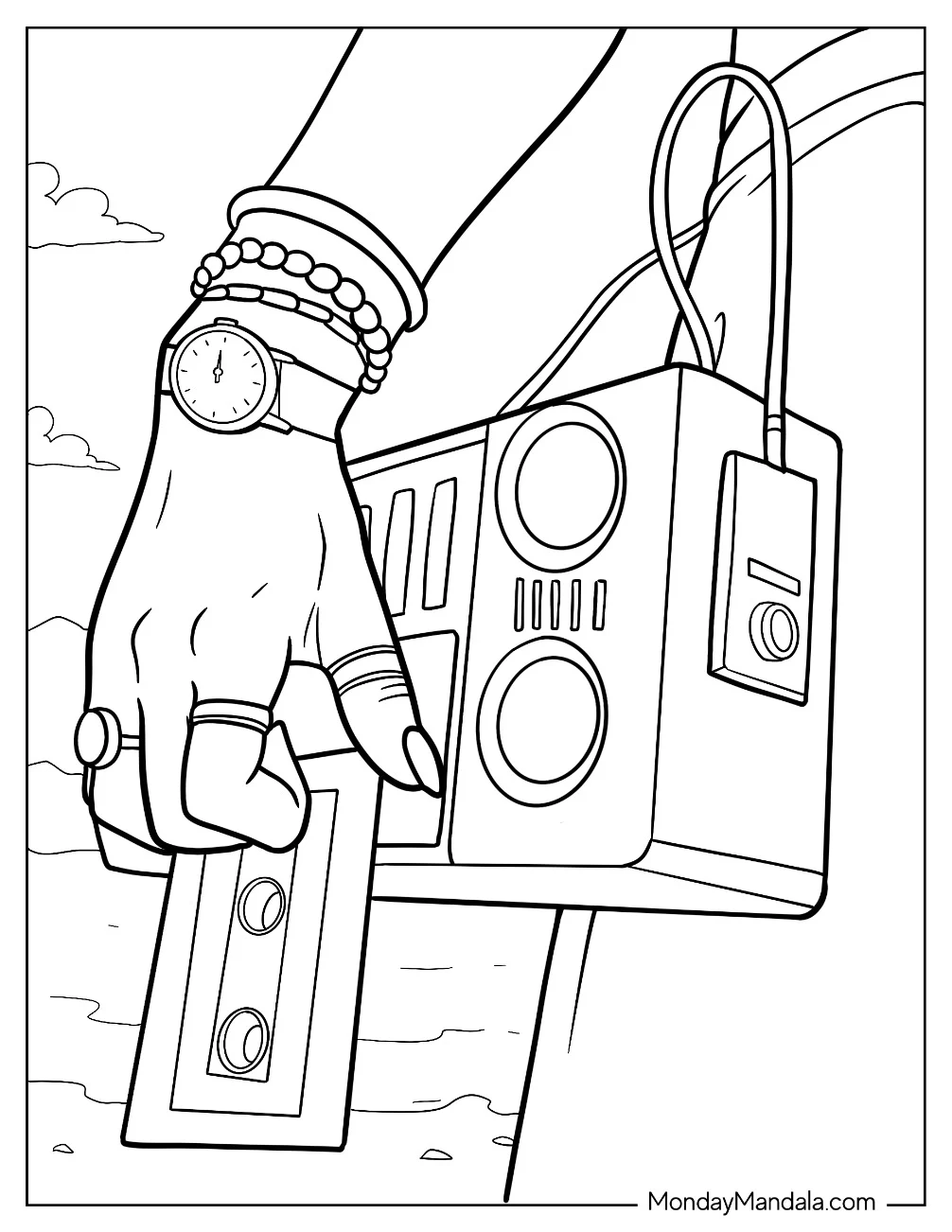 Woman Holding A Walkman And Cassette Tape 80s Coloring Page coloring page