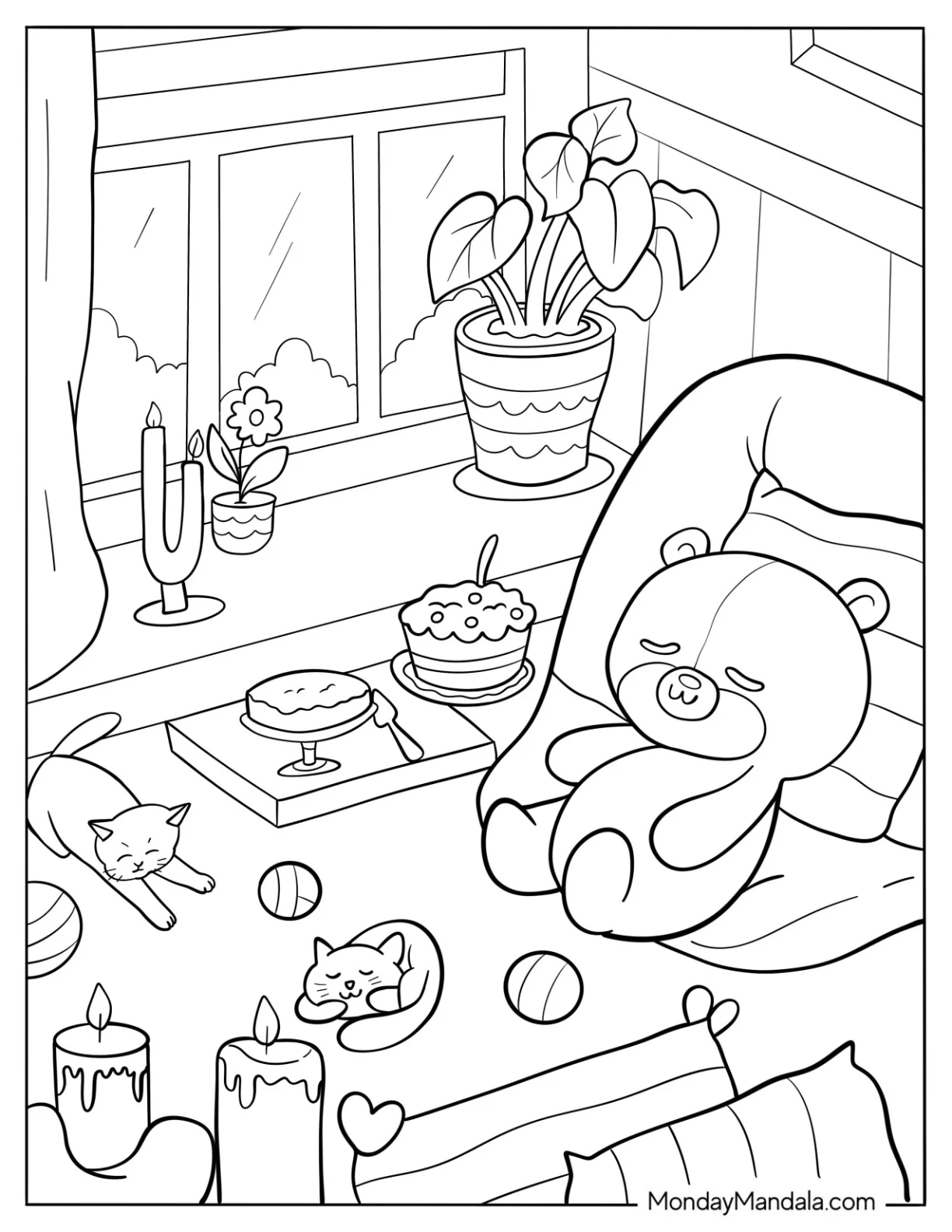 Adorable Teddy Bear Reclined On A Chair While Kittens Sleep Around It Cute Aesthetic Coloring Page coloring page — printable line art