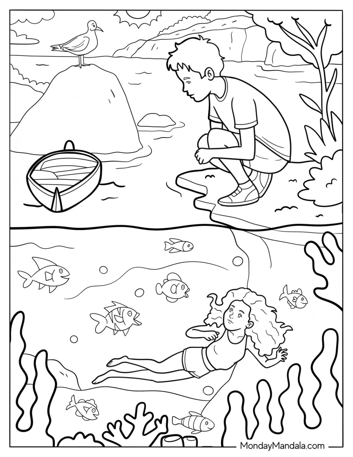 Aesthetic Coloring Page Of Boy Staring Down At The Sea While A Girl Swims Underwater coloring page — printable line art