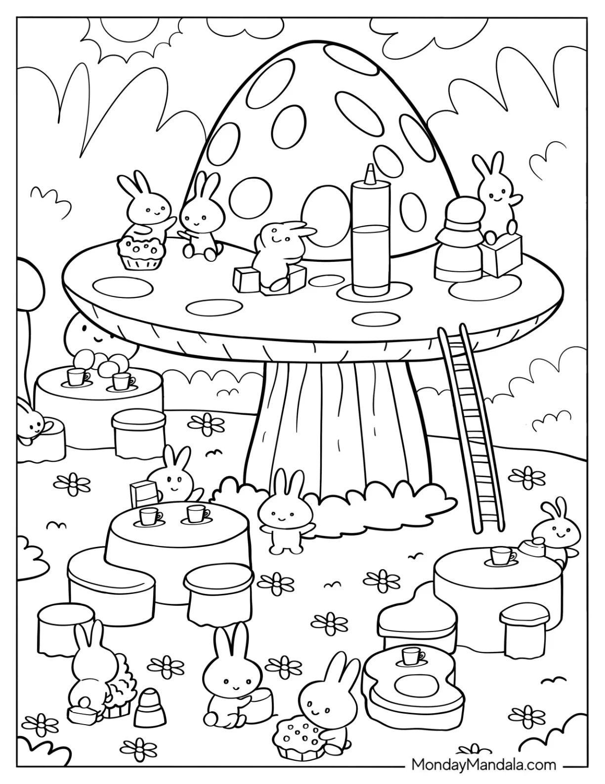 Aesthetic Coloring Page Of Chibi Rabbits Producing Juice Out Of A Mushroom coloring page
