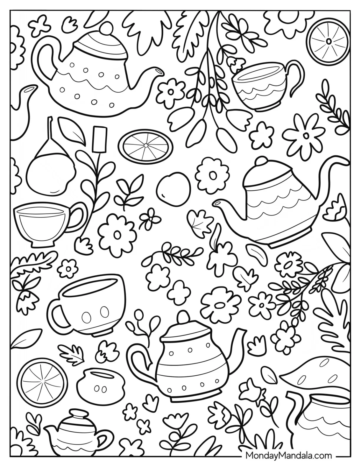 Aesthetic Coloring Page Of Full Page Teacups, Lemons, And Flowers coloring page
