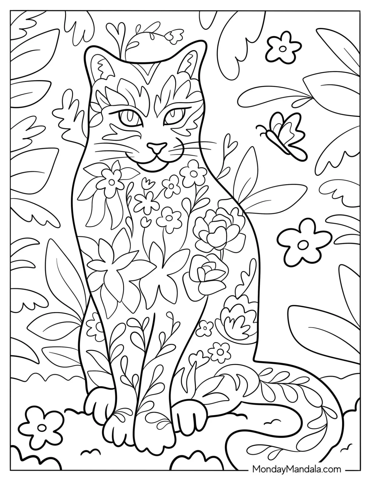 Aesthetic Coloring Page Of Large Cat With Floral Patterns Surrounded By Butterflies And Leaves coloring page