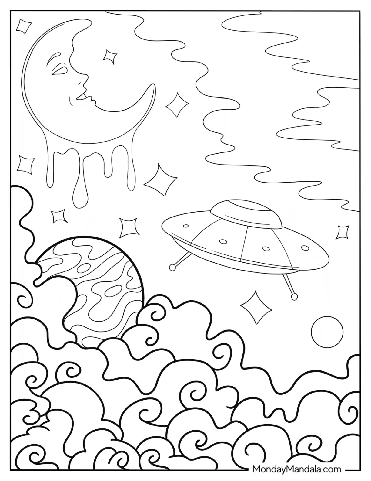 Alien Spaceship In Outer Space Sci Fi Aesthetic Coloring Page coloring page — printable line art