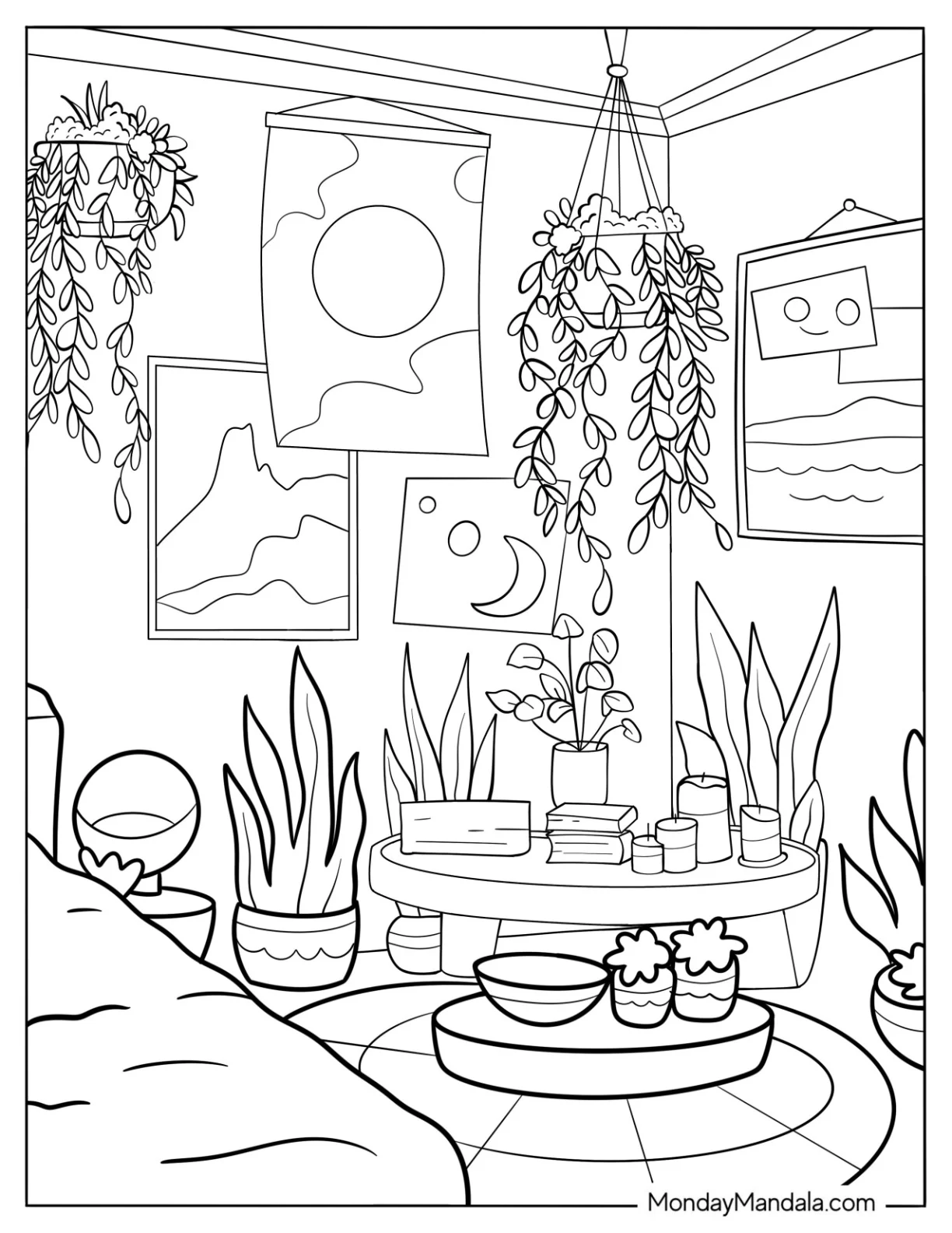 Bedroom With Hanging Plants, Flower Pots, And Succulents Cozy Aesthetic Coloring Page coloring page — printable line art