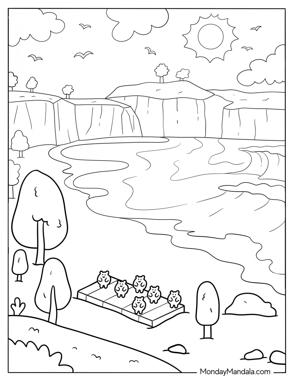 Cartoon Beach With Bears Aesthetic Coloring Page coloring page — printable line art