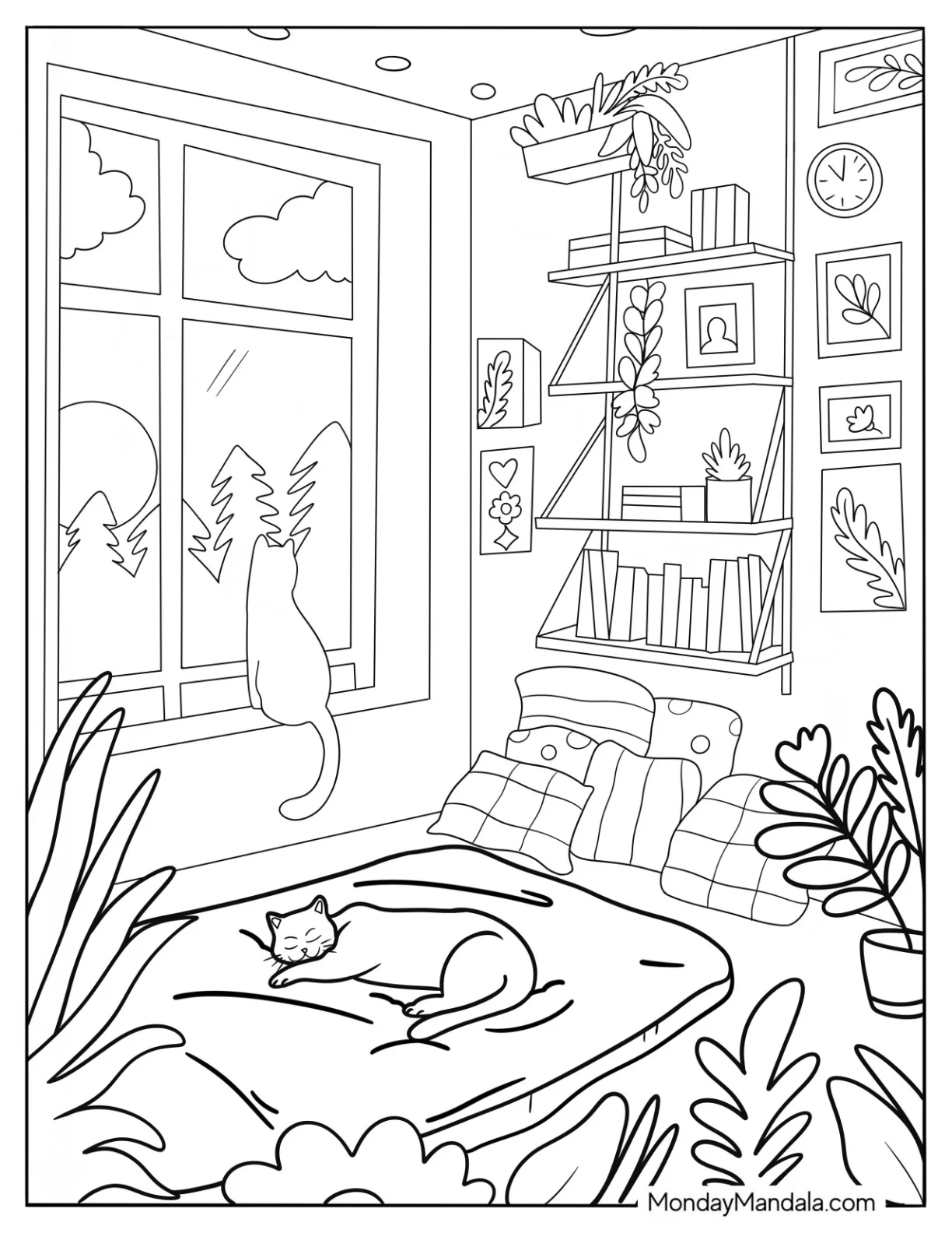 Cat Sitting On A Windowsill Cozy Room Aesthetic Coloring Page coloring page — printable line art