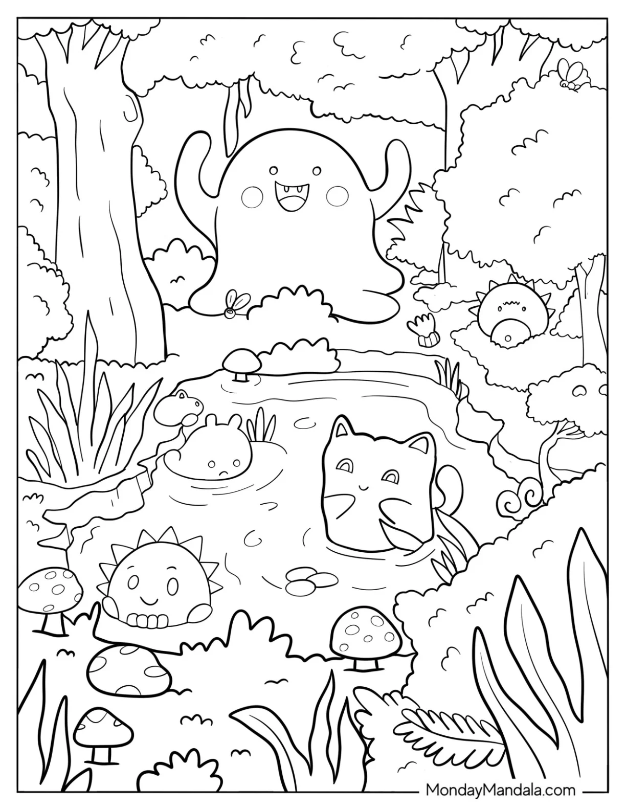 Cute Monsters Playing In A Pond Fantasy Aesthetic Coloring Page For Kids coloring page — printable line art
