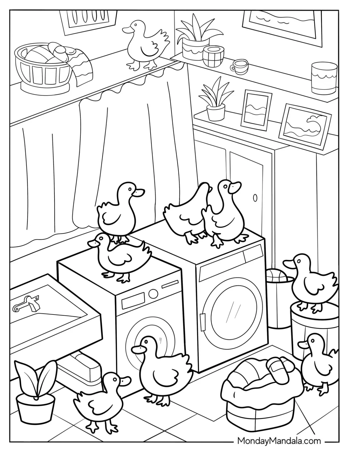 Ducks Playing In The Laundry Room Kawaii Aesthetic Coloring Page For Kids coloring page