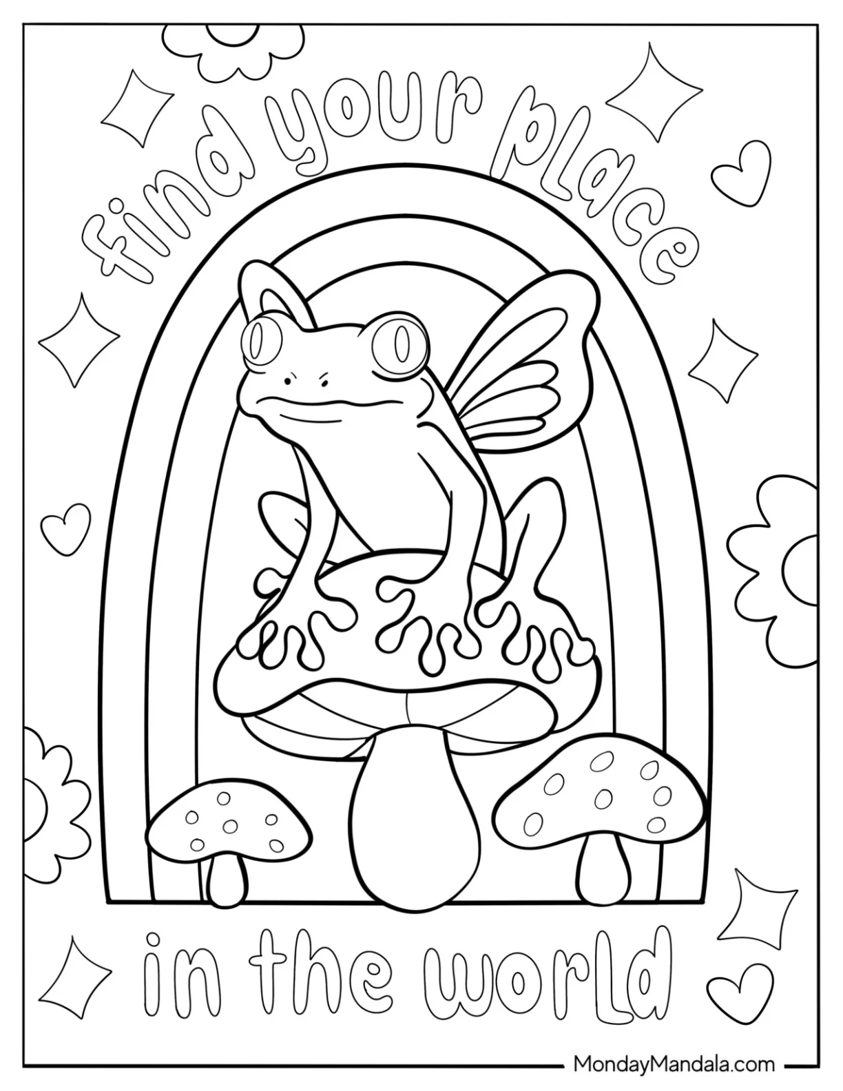 Fairy Frog Sitting On A Mushroom Trippy Aesthetic Coloring Page coloring page — printable line art