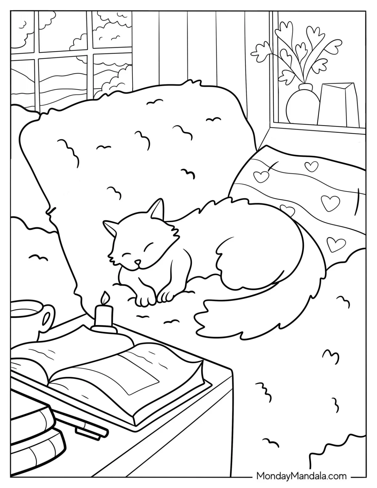 Furry Cat Sleeping On The Couch Cozy Living Room Aesthetic Coloring Page coloring page — printable line art