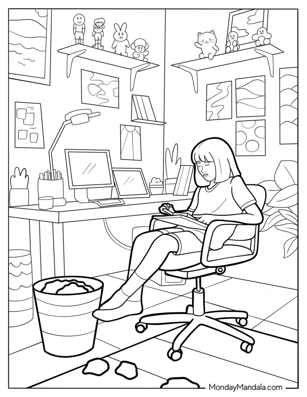 Girl Drawing On A Tablet Cozy Office Aesthetic Coloring Page coloring page