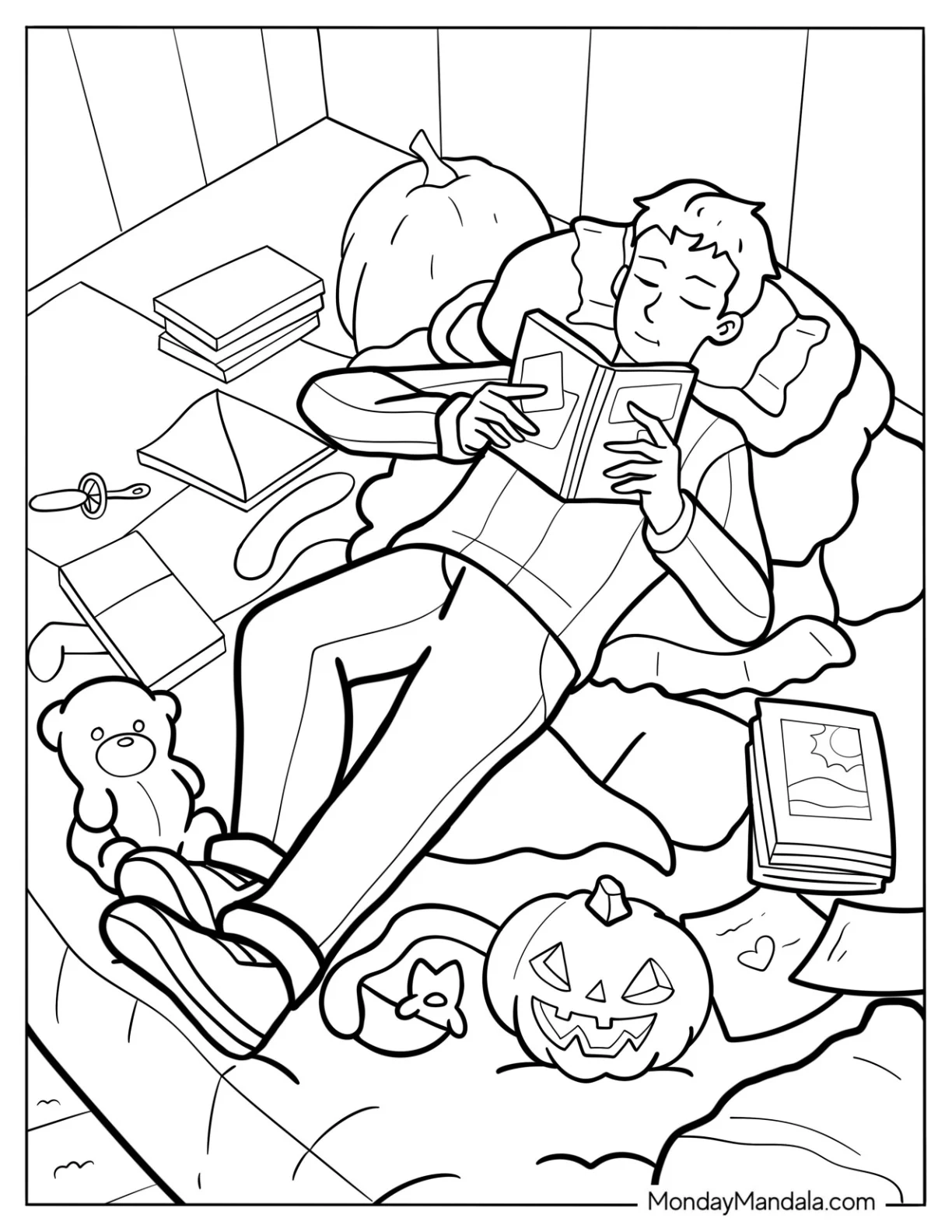 Man Reading A Book On A Messy Bed Academia Aesthetic Coloring Page coloring page