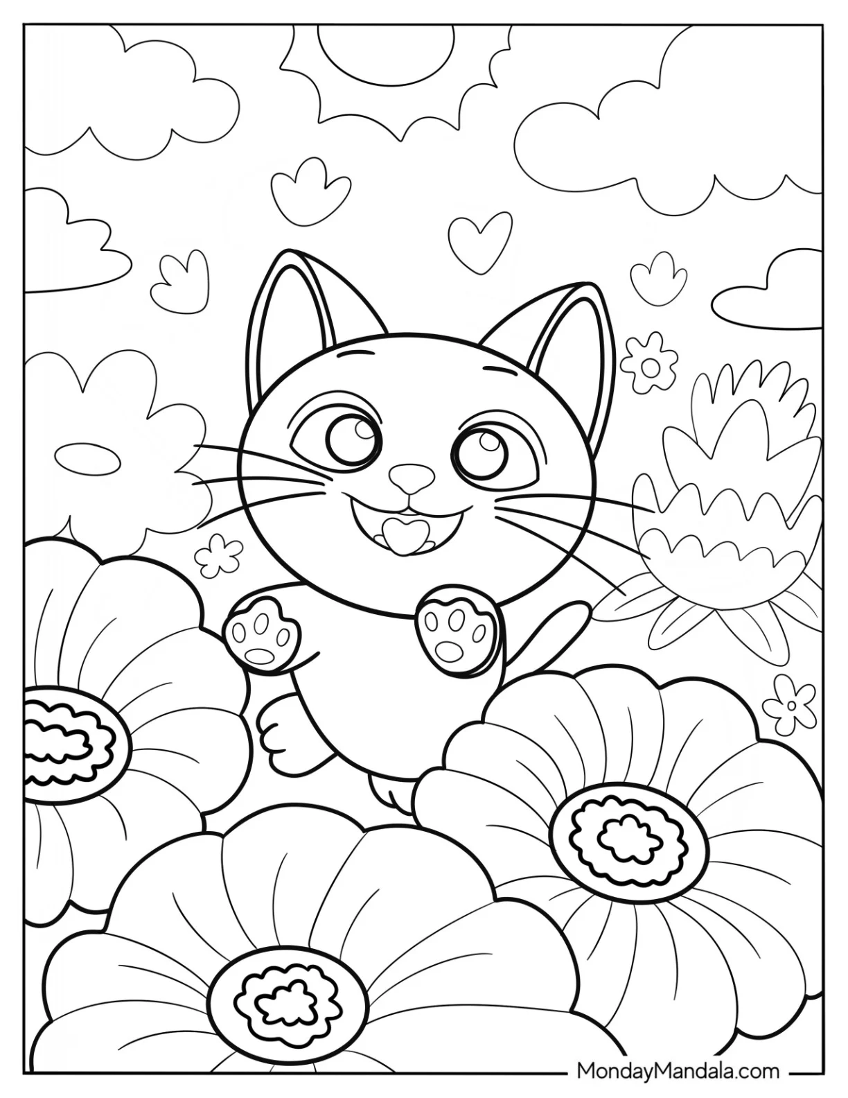 Playful Kitten In The Garden Cute Aesthetic Coloring Page For Kids coloring page