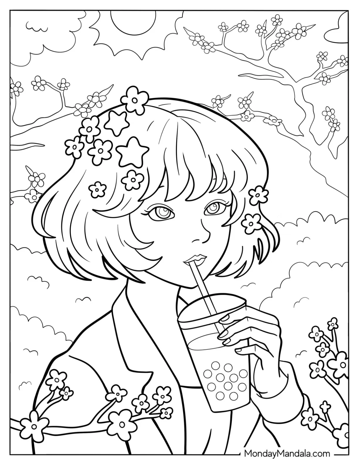 Pretty Girl With Flowers In Her Hair Drinking Iced Coffee Floral Aesthetic Coloring Page coloring page