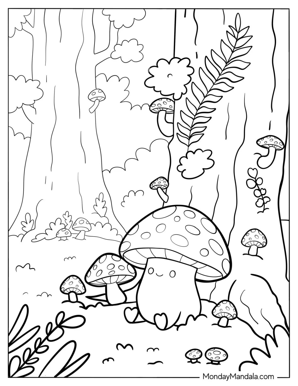Smiling Mushroom Sitting Under A Tree Cute Fantasy Aesthetic Coloring Page coloring page