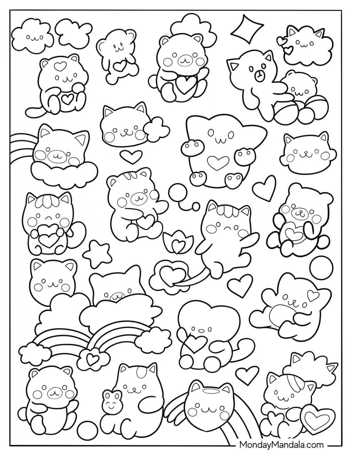 Stuffed Animals With Rainbows Kawaii Aesthetic Coloring Page For Kids coloring page