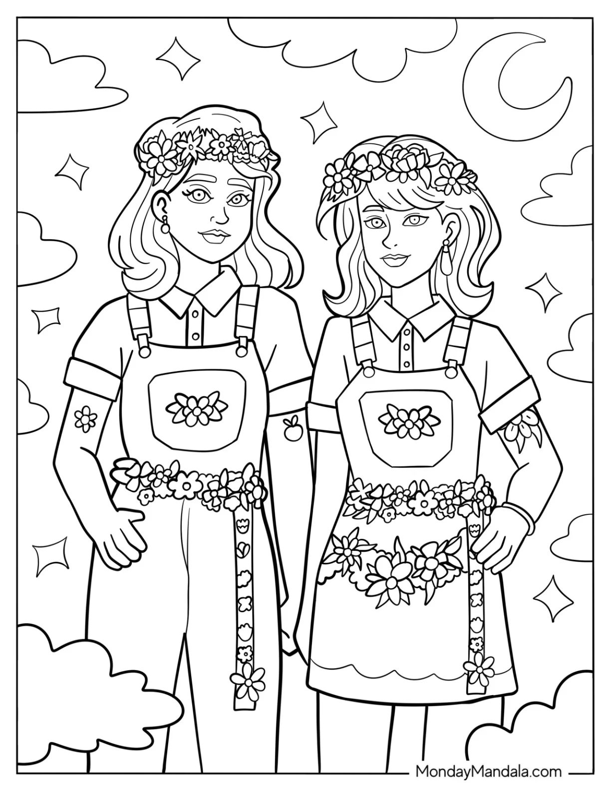 Two Girls Wearing Overalls And Flower Crowns Retro Aesthetic Coloring Page coloring page