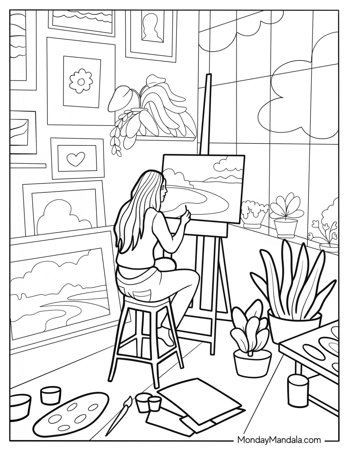 Woman Painting In An Aesthetic Coloring Page Of Room coloring page