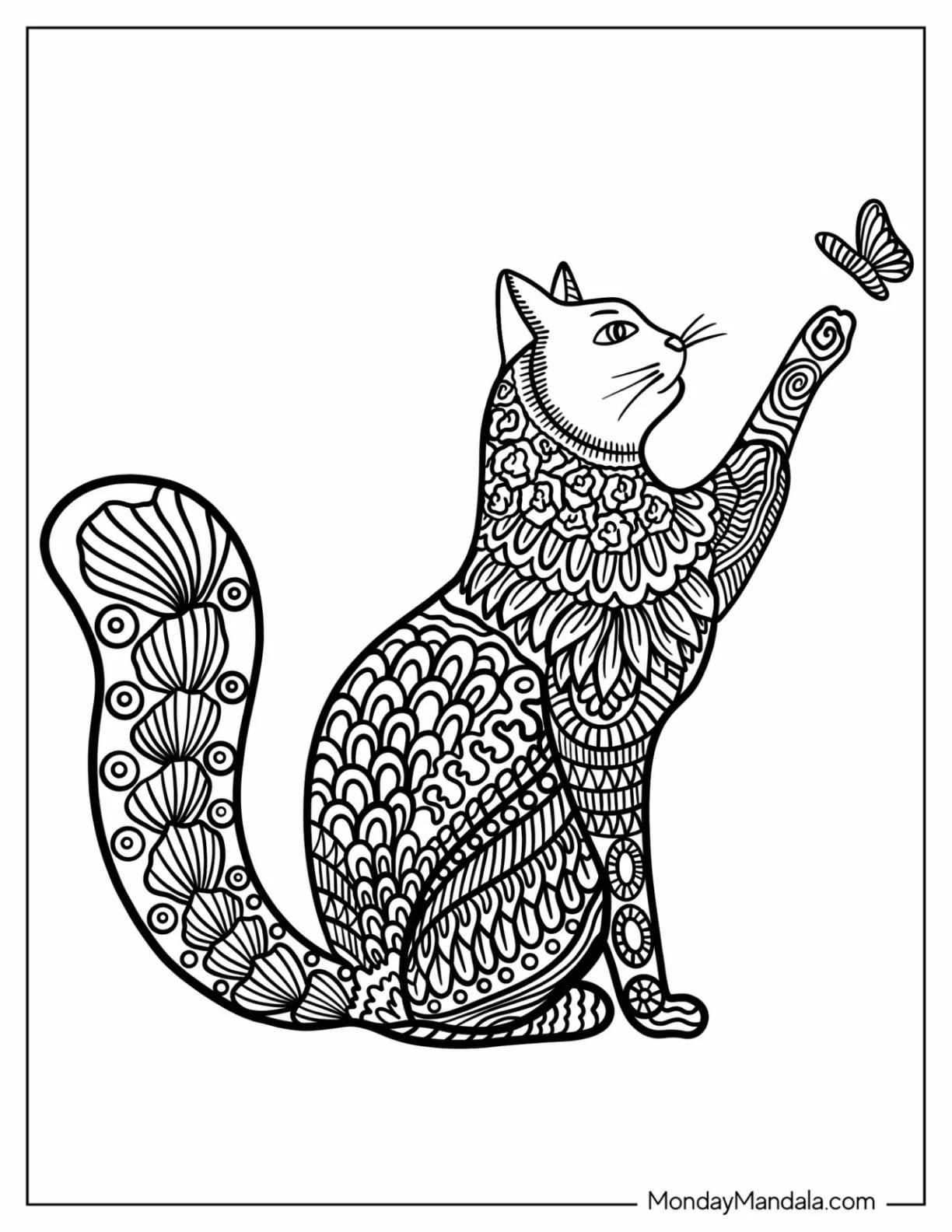 Cat Playing With A Butterfly Animal Mandala Coloring Page coloring page