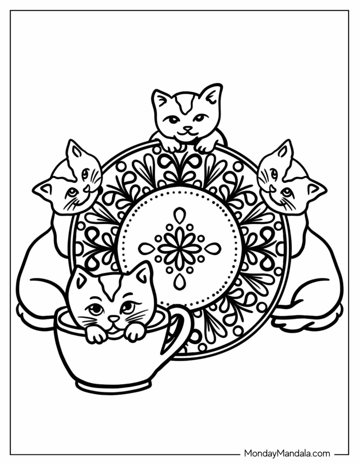 Cats Surrounding A Simple Animal Mandala Coloring Page For Kids coloring page