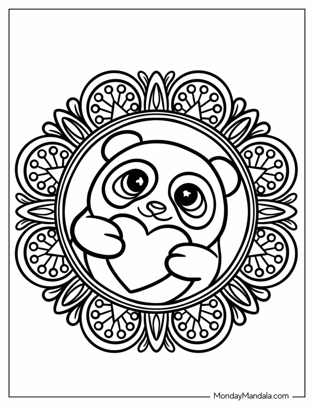 Cute Panda hugging A Love Heart Animal Mandala Coloring Page For Kids coloring page — printable line art
