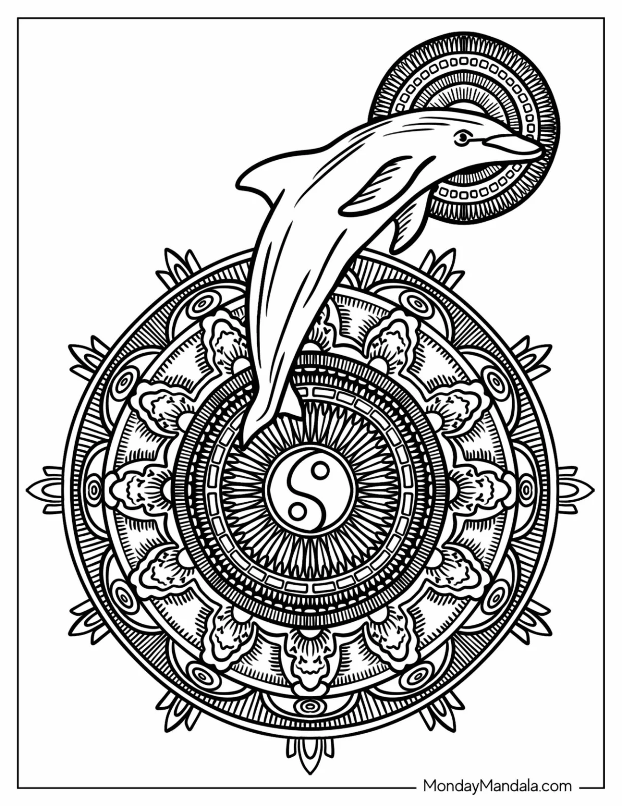 Dolphin Between Two Yin And Yang Animal Mandala Coloring Page coloring page
