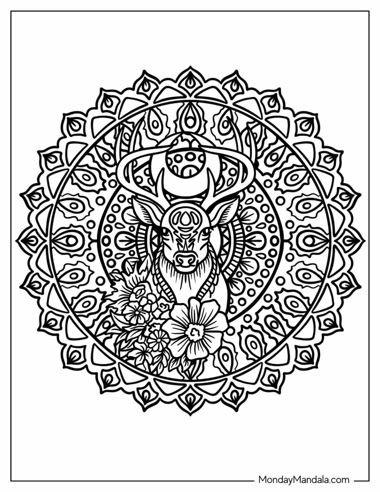 Majestic Deer With Flowers Inside An Animal Mandala Coloring Page coloring page