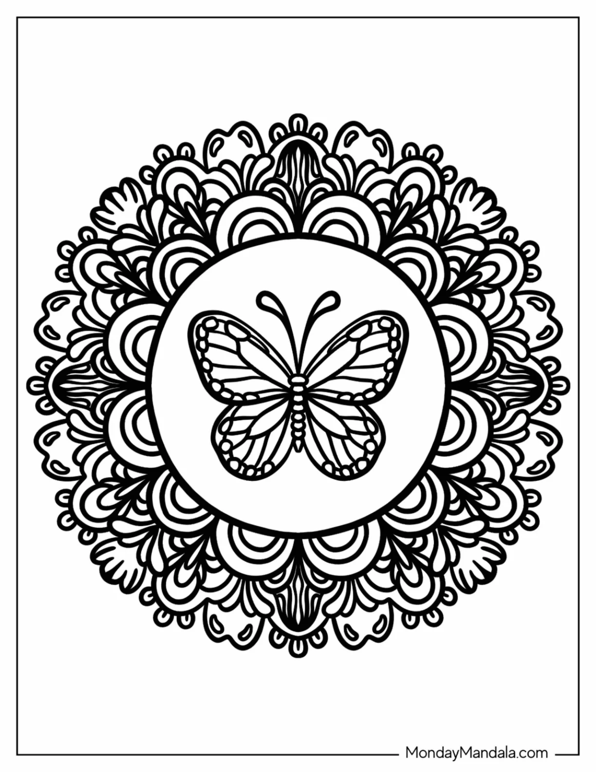 Monarch Butterfly Inside An Animal Mandala Coloring Page coloring page — printable line art