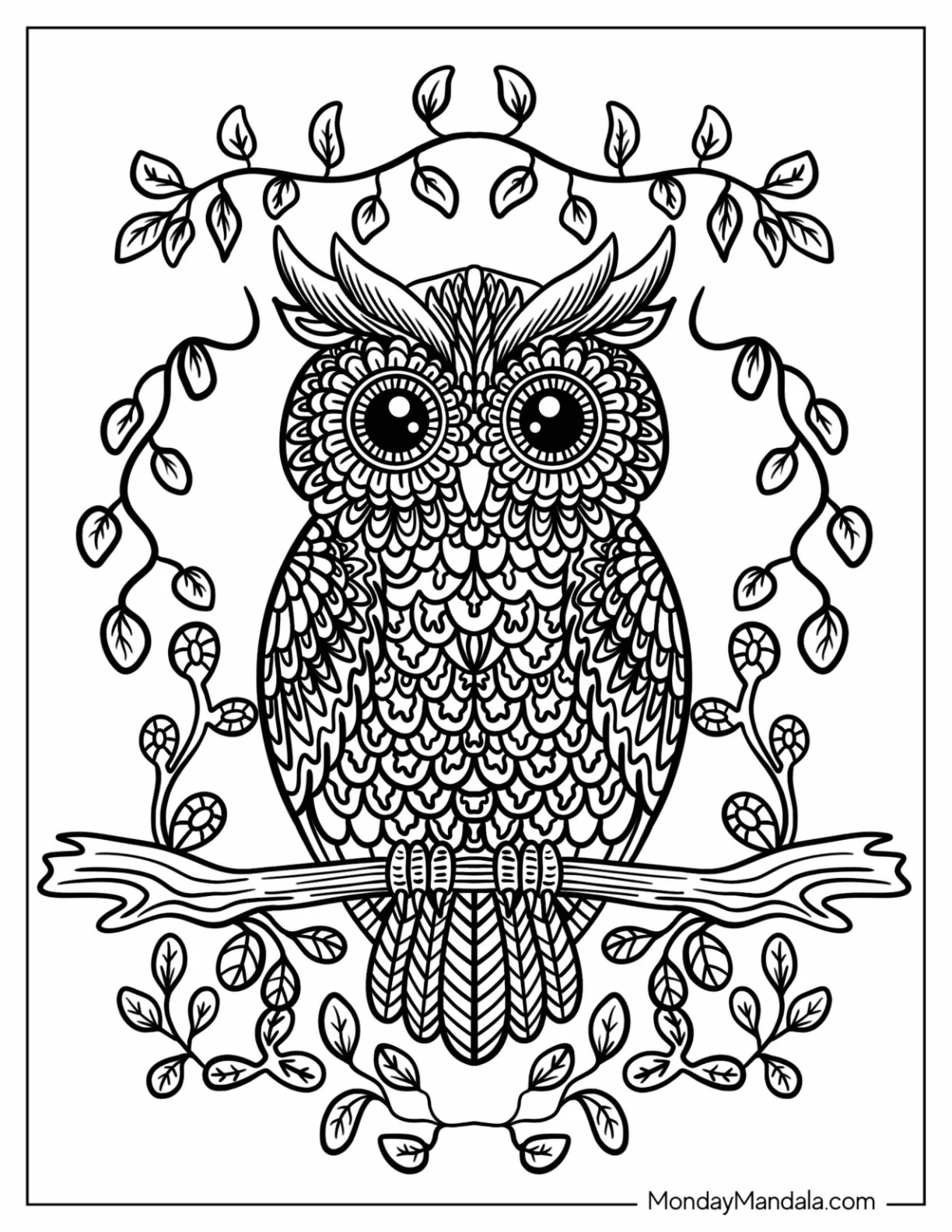 Owl Perched On A Tree Branch Animal Mandala Coloring Page coloring page