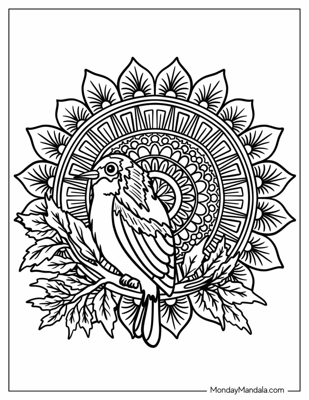 Realistic Bird Perched On A Tree Branch Animal Mandala Coloring Page coloring page