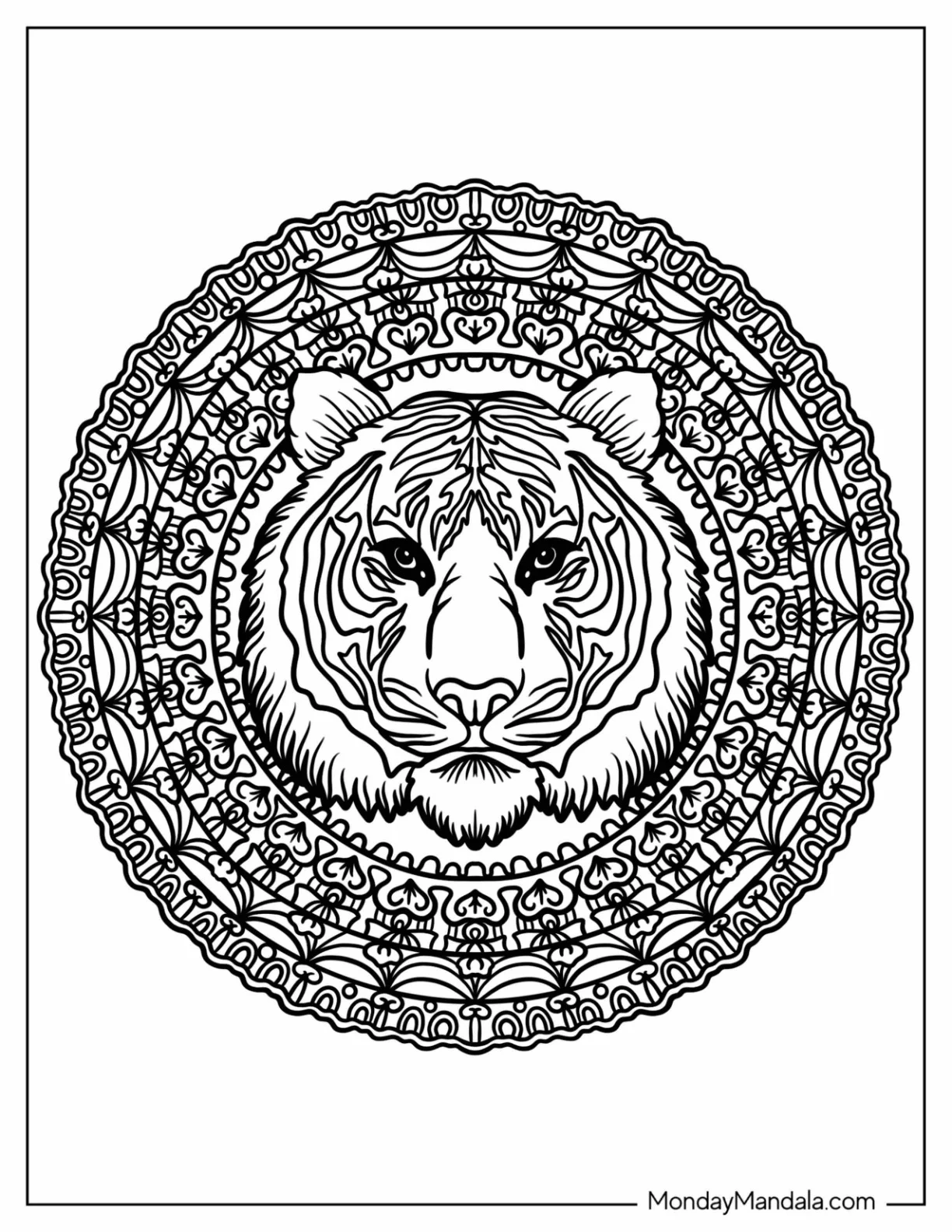 Realistic Tiger Head Inside An Animal Mandala Coloring Page coloring page