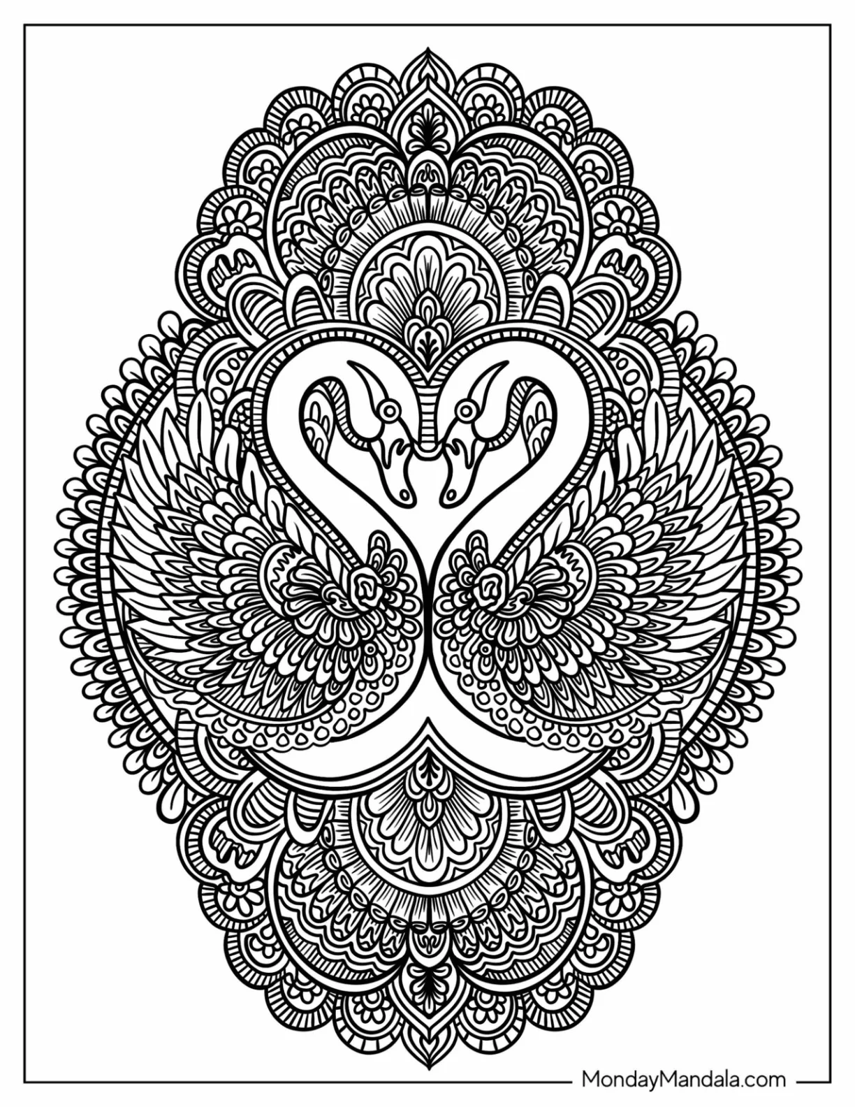 Swans Forming A Love Heart Animal Mandala Coloring Page coloring page