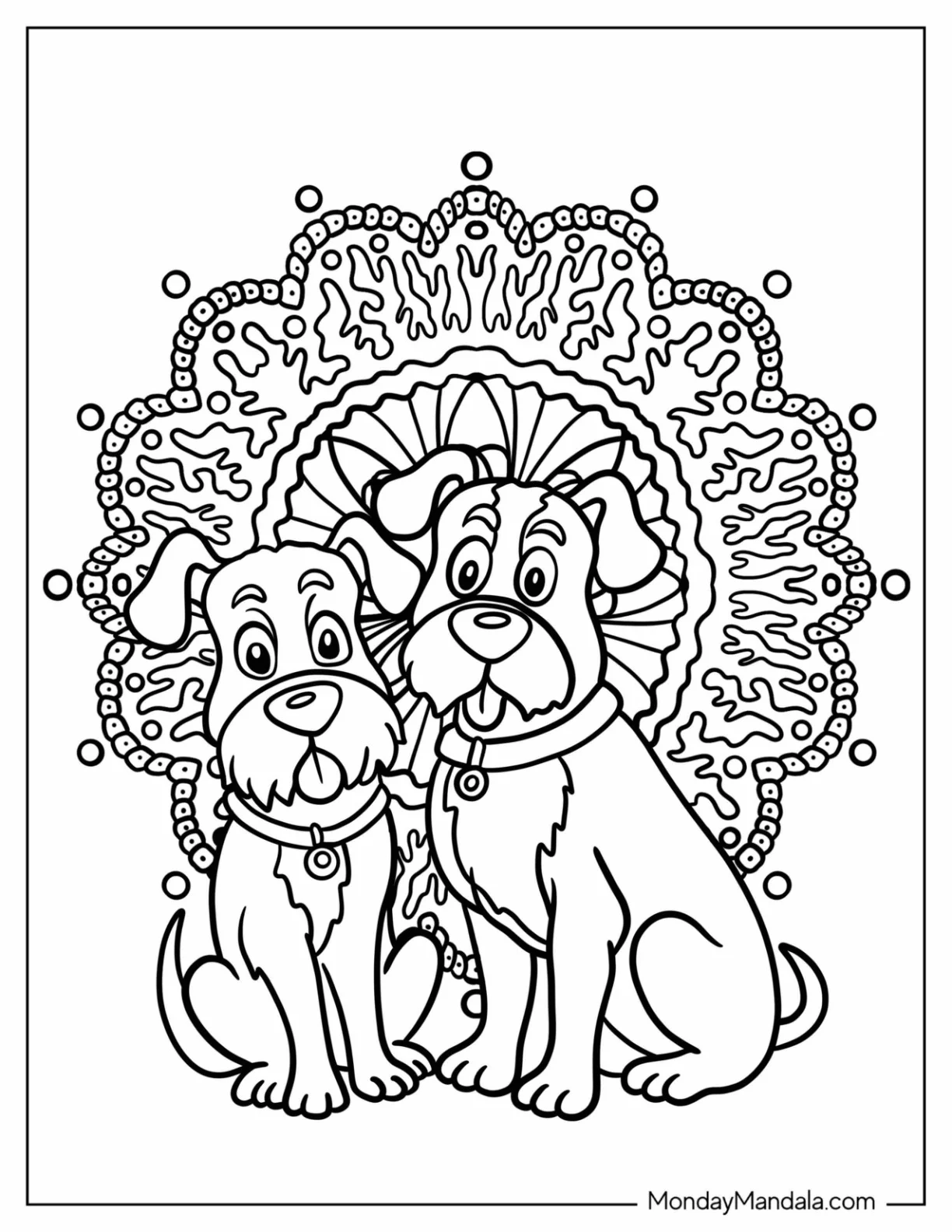 Two Adorable Yorkshire Terrier Dogs In Front Of Animal Mandala Coloring Page coloring page — printable line art