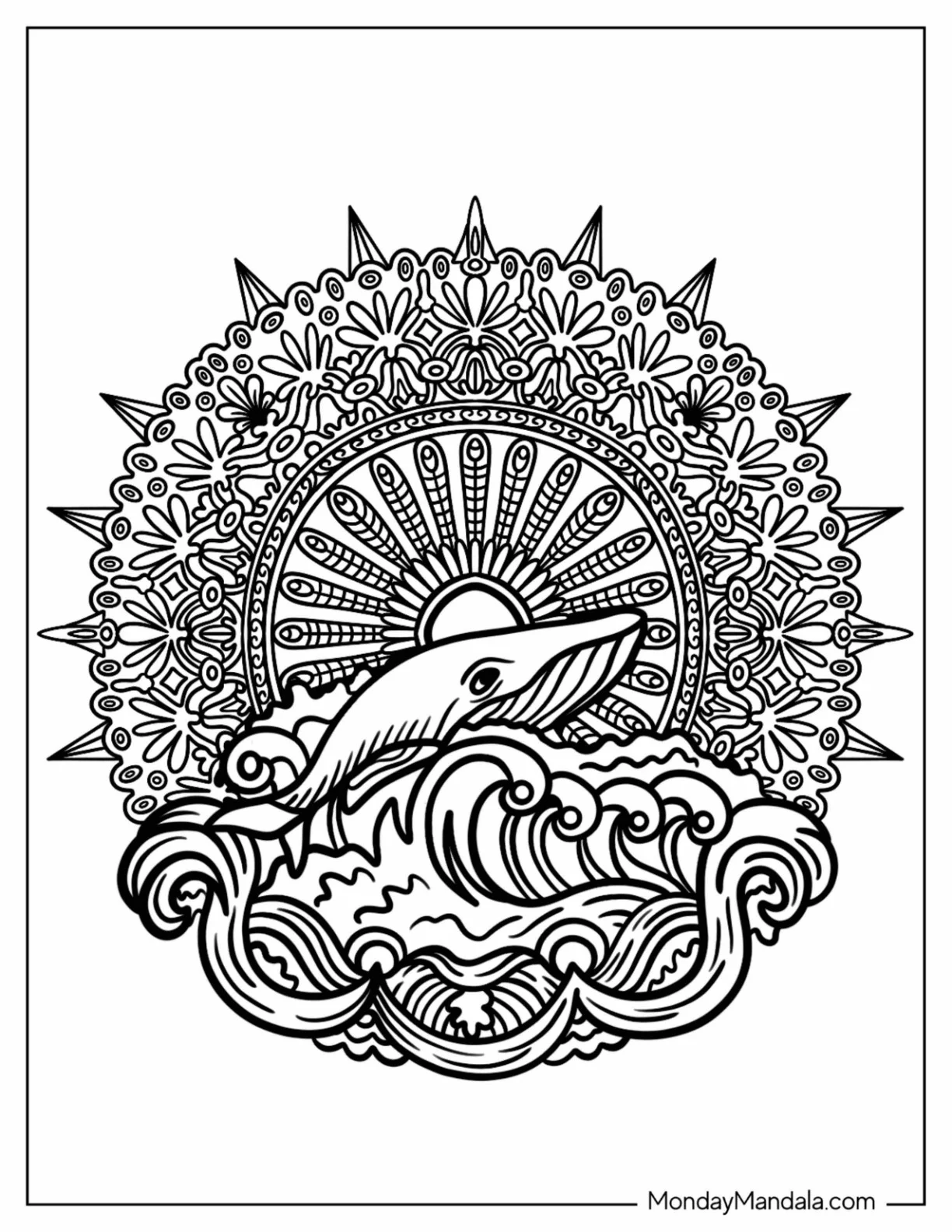 Whale Surfacing From The Waves Animal Mandala Coloring Page coloring page