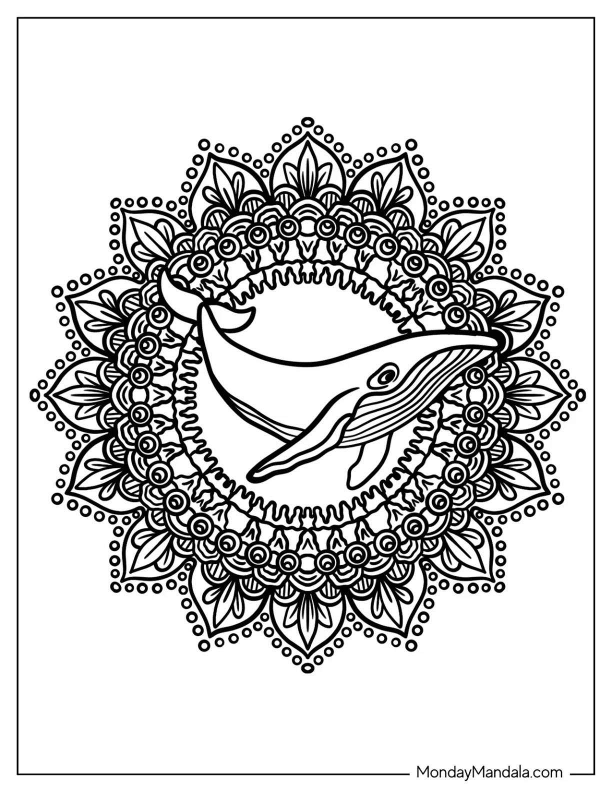 Whale Swimming At The Center Of An Animal Mandala Coloring Page coloring page