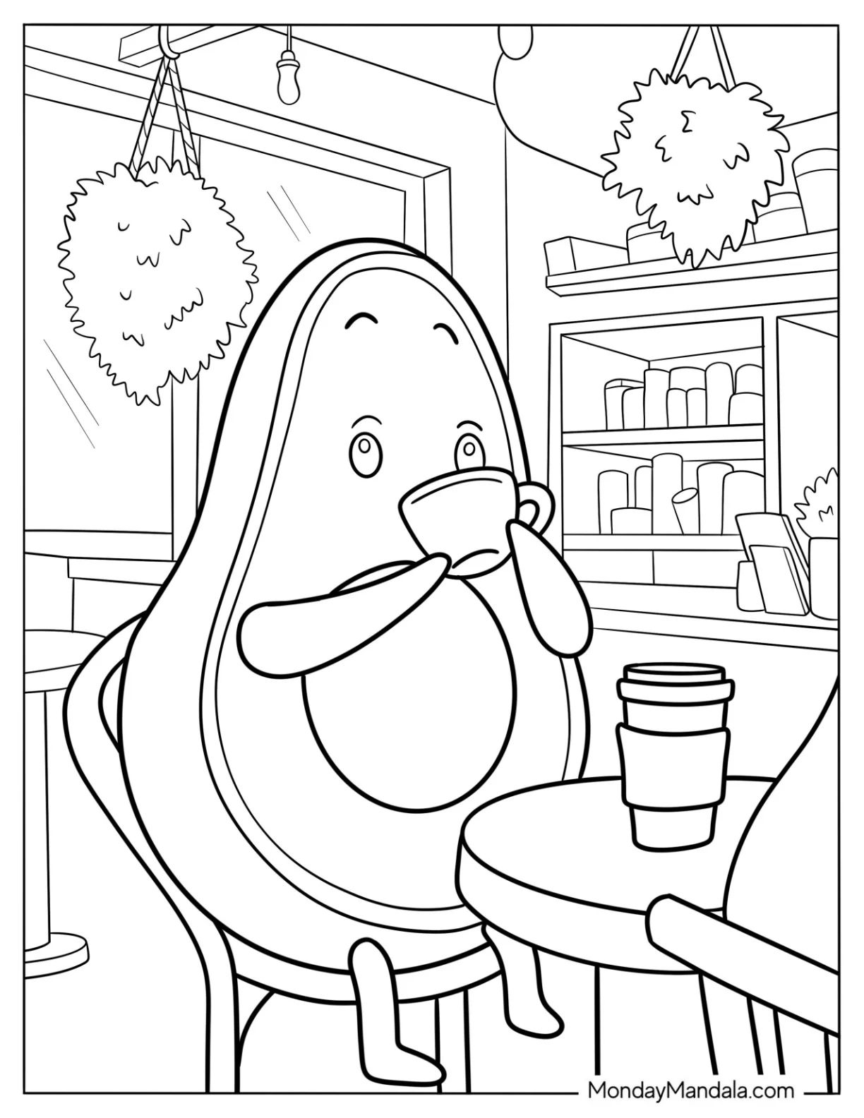 Avocado Coloring Page Sipping Tea In A Cafe For Kids coloring page