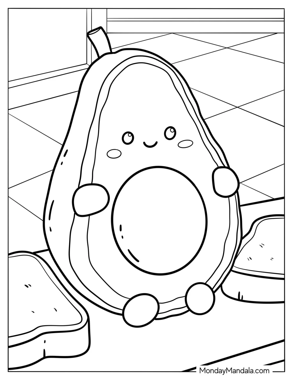 Baby Avocado Coloring Page Sitting On A Chopping Board coloring page