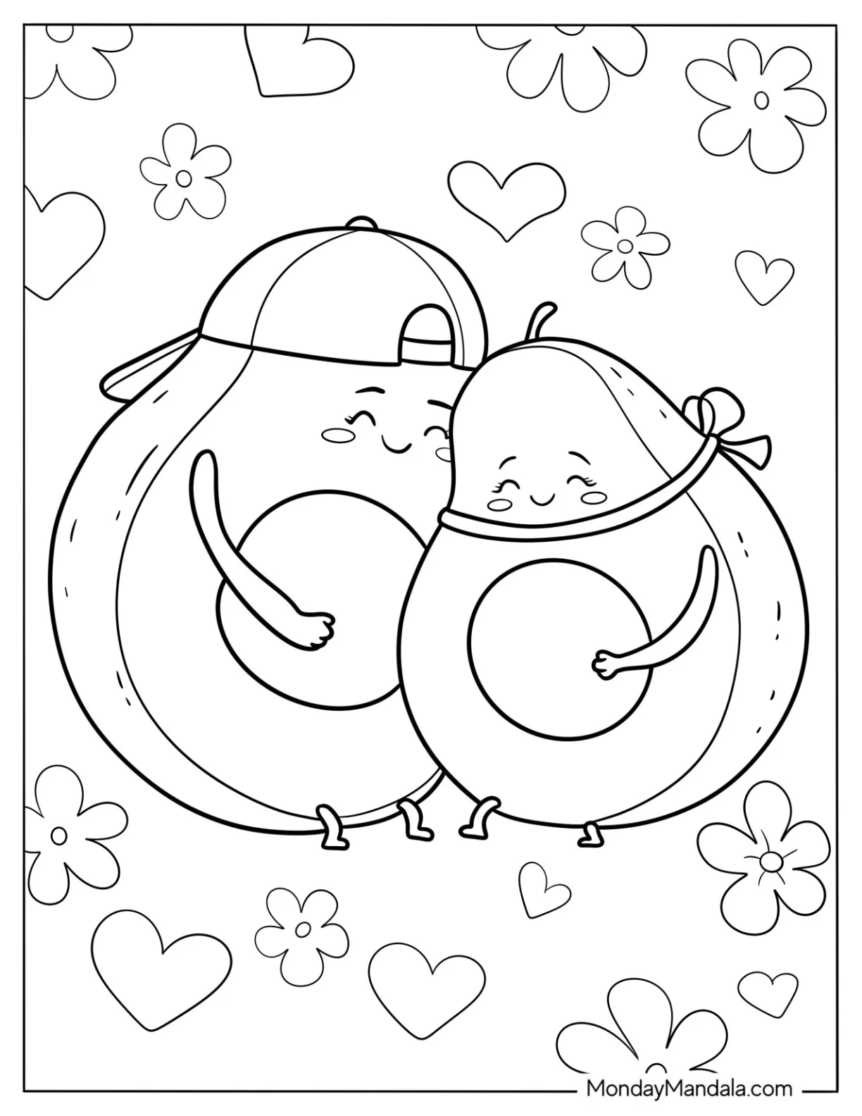 Boy And Girl Avocado Coloring Page Hugging For Kids coloring page