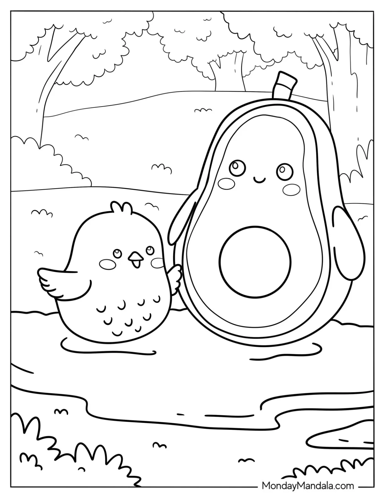Cute Avocado Coloring Page Playing With A Bird On A Puddle coloring page