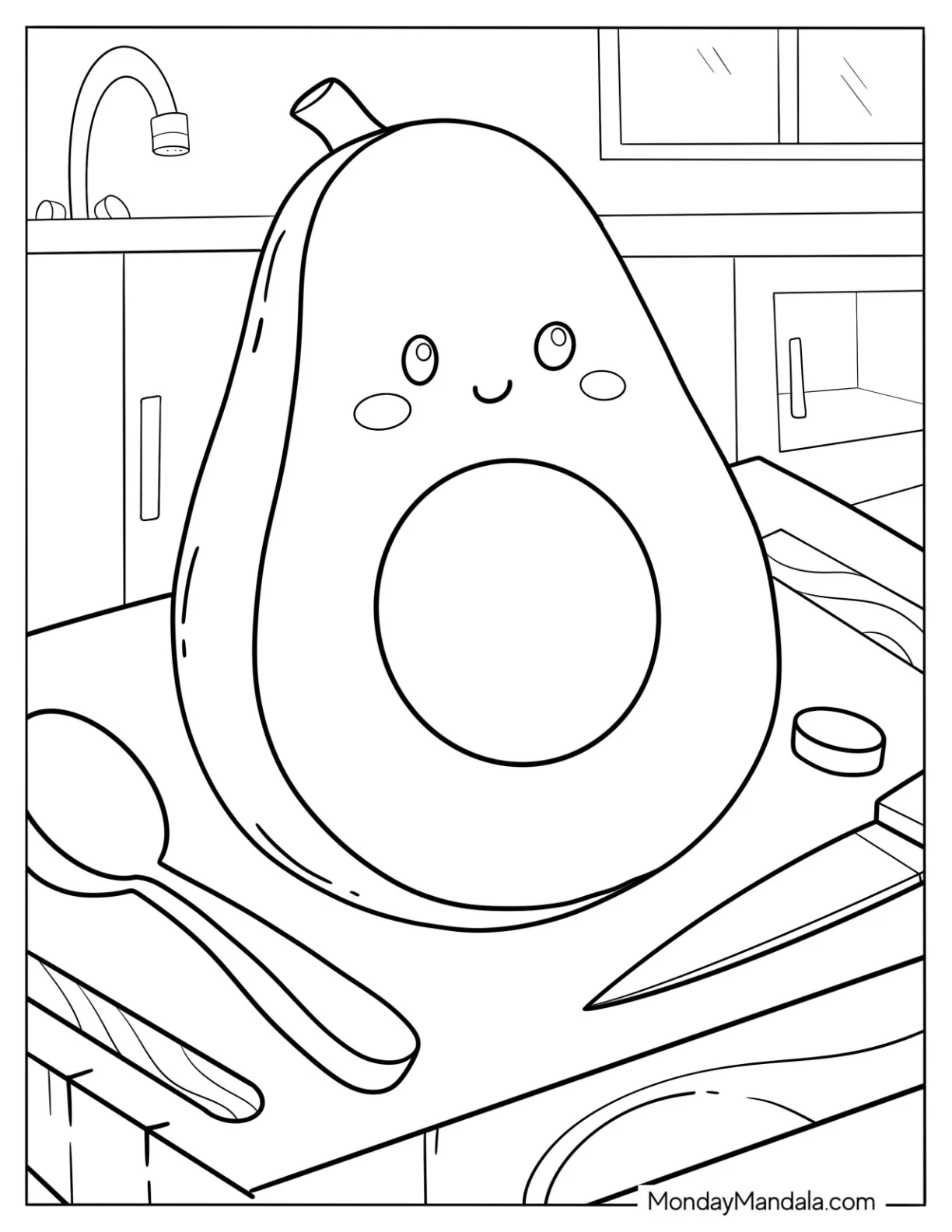Easy Avocado Coloring Page Sitting In Kitchen For Kids coloring page