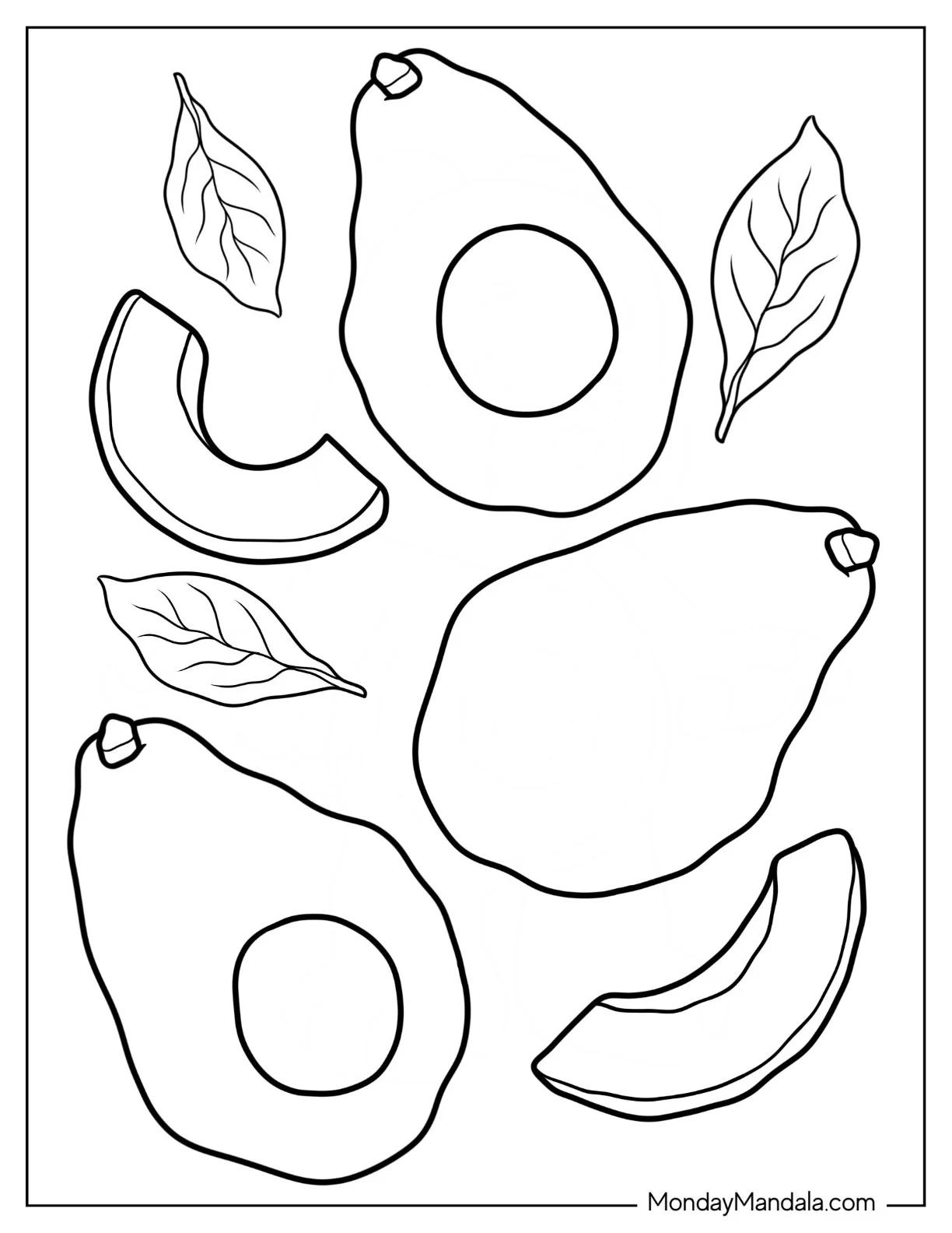 Easy Outline Of Avocado Coloring Page Halves And Slices coloring page