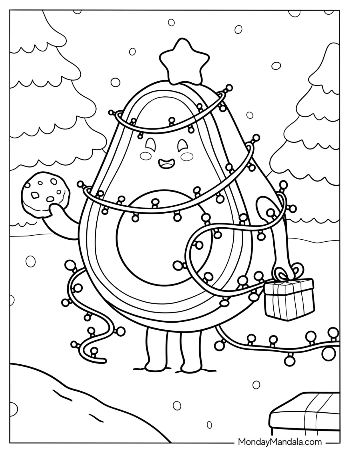 Festive Avocado Coloring Page Wrapped In Christmas Lights coloring page