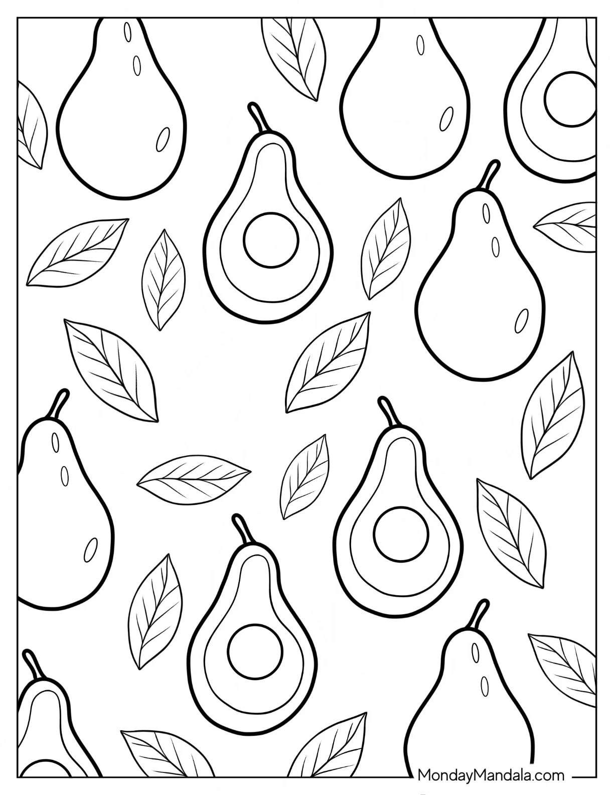 Full Page Avocado Coloring Page Halves With Leaves coloring page