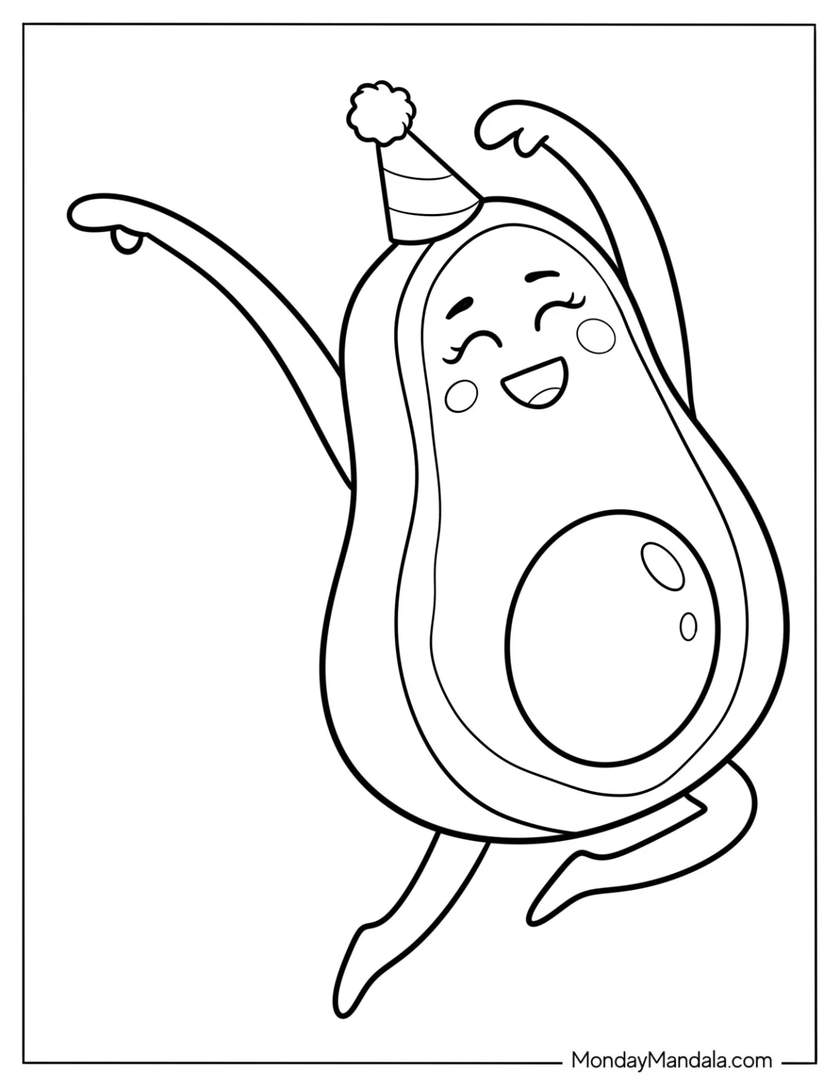 Happy Avocado Coloring Page Dancing While Wearing A Party Hat coloring page