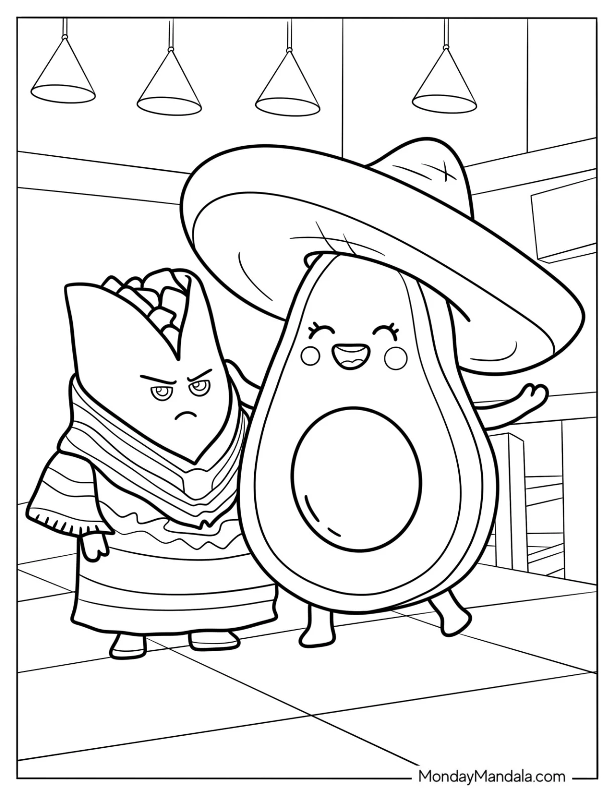 Happy Mexican Avocado Coloring Page With A Taco coloring page